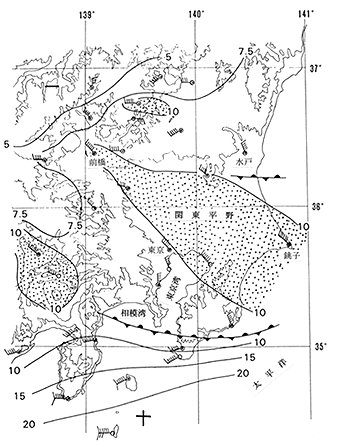 （図1）関東平野における典型的な“空っ風”が吹く地域。数値は風速（毎秒ｍ）