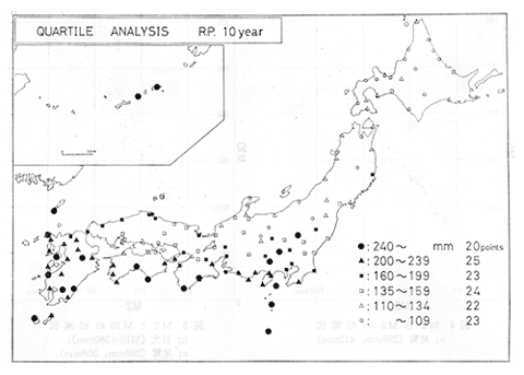 （図4）再現期間10年の日降水量（ｍｍ）の分布。（菊地原・鈴木による）