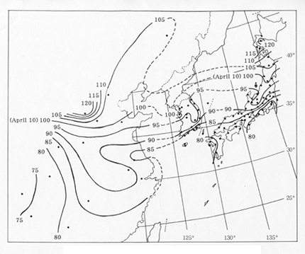 （図3）東アジアにおけるソメイヨシノのエル・ニーニョ年（早咲き年）の開花日の分布。