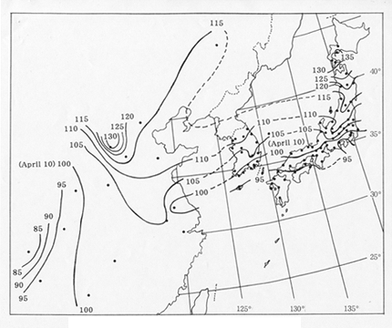 （図4）東アジアにおけるソメイヨシノのラ・ニーニャ年（遅咲き年）の開花日の分布。