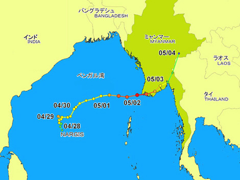 （図1）サイクロン「ナルギス」の発生からミャンマーへの経路。（図中の数字は日付け。05/02は5月2日を意味する）