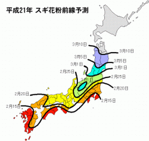 2009年花粉飛散開始時期の予想  情報提供：（財）気象業務支援センター　村山貢司氏